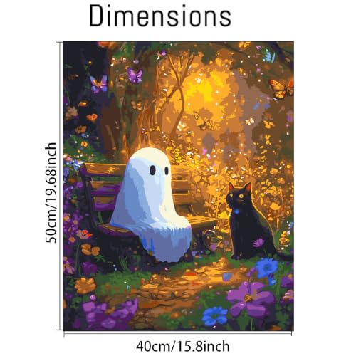 Image of Clendo Halloween Paint by Numbers Kit for Adults - Ghost and Cat Adult Paint by Number Kits on Canvas for Beginner, Oil Painting by Numbers Kit for Gift Home Wall Decor Without Frame 16x20 Inch