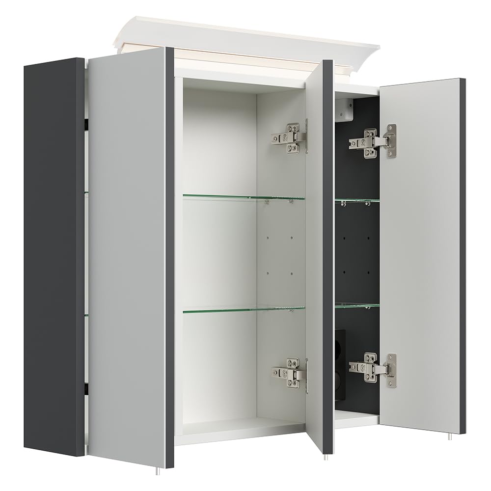 Lomadox Badezimmer Spiegelschrank 70cm, 3-türig, grau mit LED-Aufsatzleuchte, Glasböden, 3D-Funktion, Kombibox (Steckdose mit Schalter)