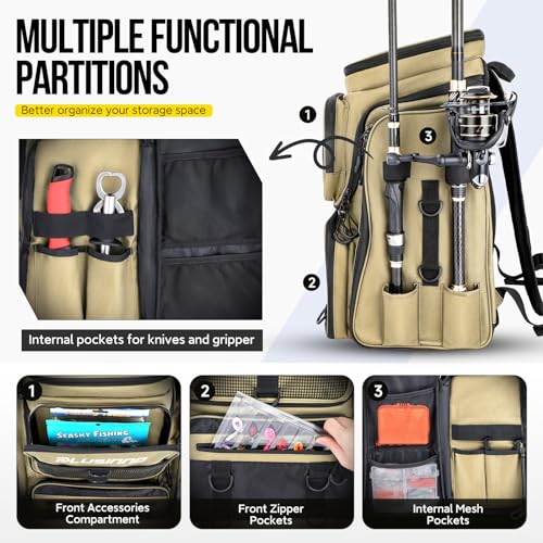PLUSINNO Mochila de pesca com suportes de vara, bolsa de pesca grande resistente à água 42L Equipame