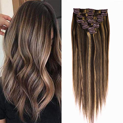 Muokass Hair Extensions Clip in Human Hair Ombre Chocolate Brown to Caramel Blonde 105g/3.7oz 8pcs Remy Human Hair Extensions Clip in Real Natural Hair Extensions Silky Straight 20 Inch