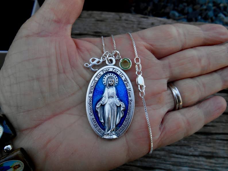 Miniatura 3 de Virgin Mary Miraculous Medal, EXTRA Large 1.75 INCH, Virgin Mary Medallion, Confirmation, Cross, XL Blue Miraculous Medal, Sterling Silver Chain