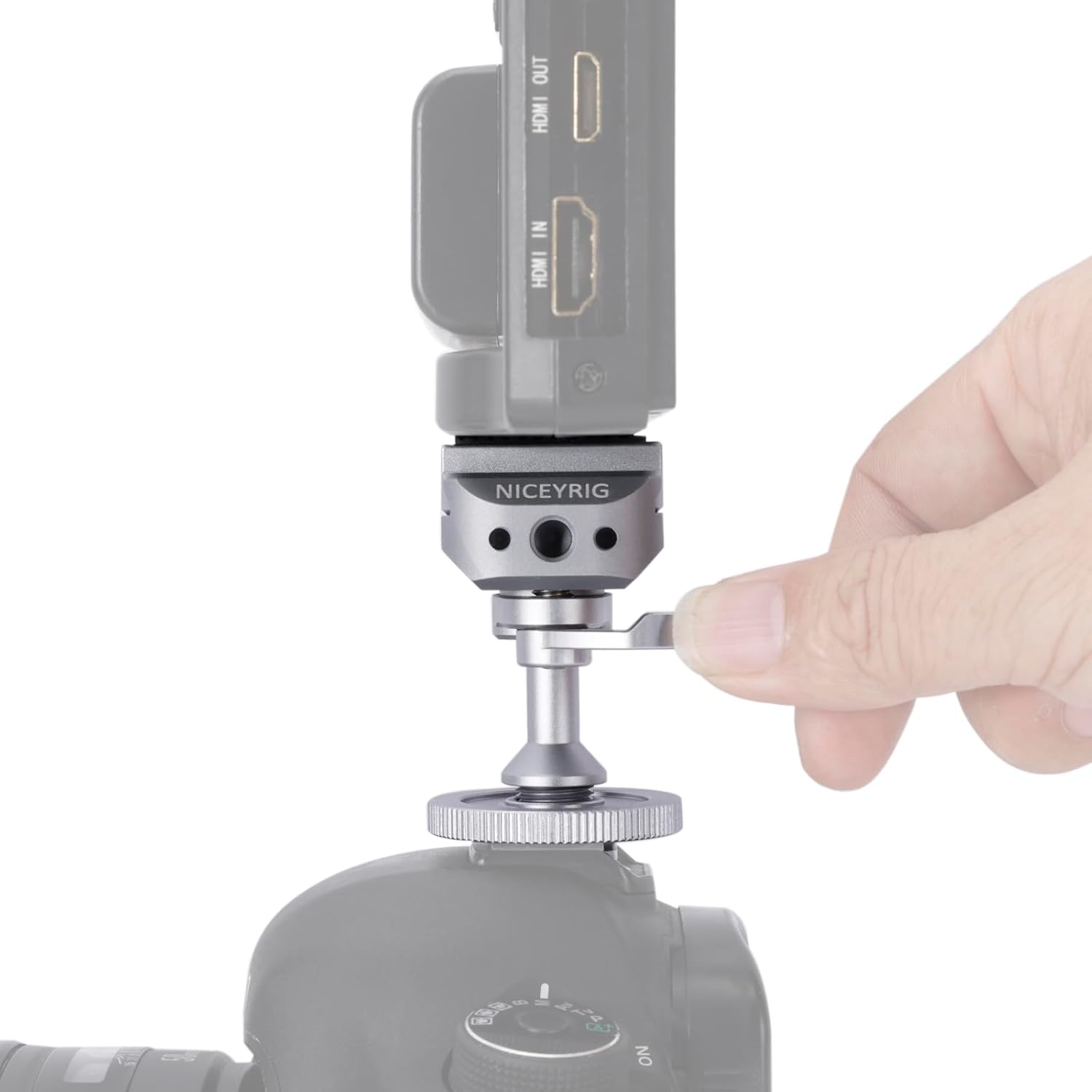 NICEYRIG Quick Release Plate, Dovetail Clamp for Arca-Swiss Style, Field Monitor Holder Integrated with Ballhead Function, 1/4'' Thread/Cold Shoe Mount for Camera, Tripod - 615