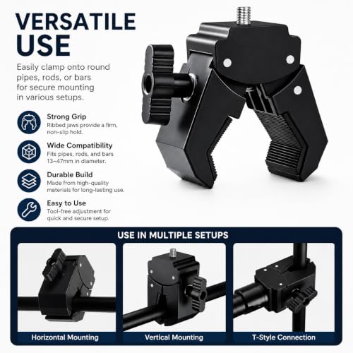Image of Brolaviya Camera Super Clamp with Male 1 /4 inch-20 Screw Mount, Adjustable Crab Clamp for Photography Equipment, Monitor, LED Light, Action Camera, Fits 13-47mm Pipes, Rods & Bars