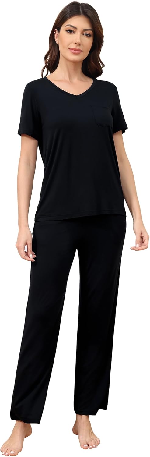 Women's Bamboo Viscose Pajama Set Soft Short Sleeve V-Neck Top and Pants Sleepwear with Pockets Loungewear S-XXL - Image 3