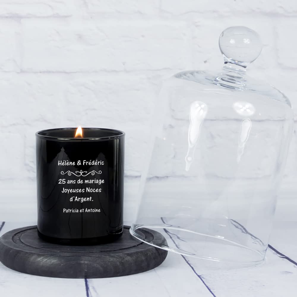 Bougie 100% végétale avec Couvercle en Bois gravé de prénoms, dédicace et Signature avec Cloche.