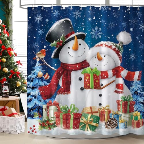 Dazzlewall Christmas Snowman Shower Curtain 180 x 180 cm, Winter Blue Christmas Tree Xmas Gift Bathroom Curtain, Waterproof Mould Resistant Fabric with 12 Hooks