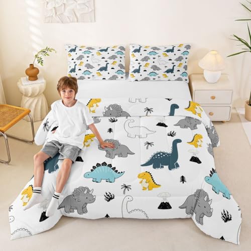 Image of Feelyou Dinosaur Bedding Set Soft for Boys Girls, Cartoon Dino Comforter Set Full Size Boho Exotic Style Duvet Quilt Microfiber 3D Wild Animal Pattern Bedroom Decor 3 Pcs with 2 Pillow Cases