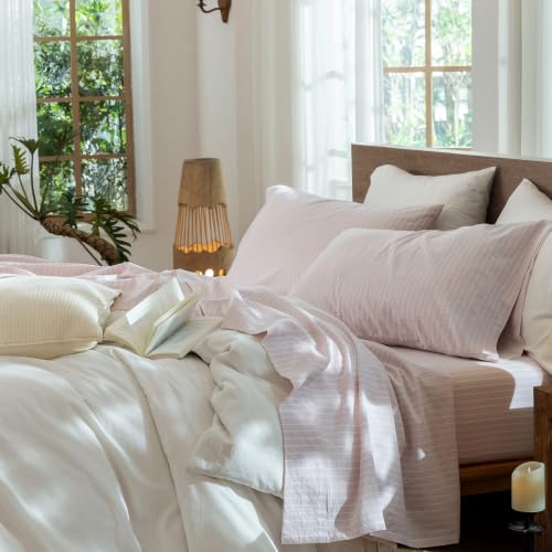 Image of MooMee Striped Sheet Set 100% Washed Cotton Linen Like King
