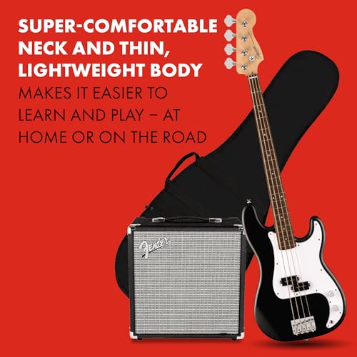 Image of Fender Squier Debut Series Precision Bass Guitar Pack, Beginner Guitar Pack, 2-Year Warranty, Includes Rumble 15 Amplifier, Padded Gig Bag, Instrument Cable, and More, Black with Satin Urethane Finish