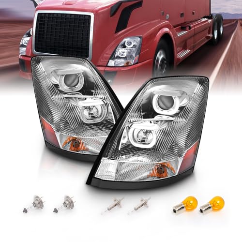 AmeriLite Chrome Dual LED Halo Projector Replacement Headlights Pair For 2004-2017 Volvo VN/VNL Commercial Truck