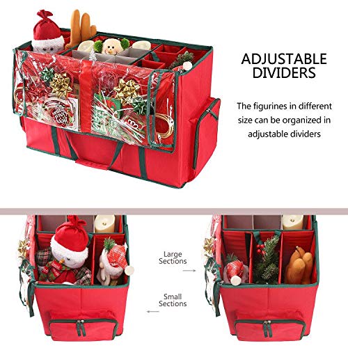 2-in-1 Christmas Ornament Storage Box & Xmas Figurine Container - Easy Access Removable Trays, Keeps 73 Holiday Ornaments - Adjustable Extent Area for Figurines and Pockets for Decoration