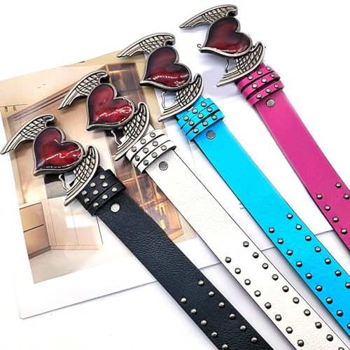 Eye Catching Rivets Waist Belt with Heart&Wing Buckle for Adult PU Waist Belts for Women Coat Dress Adjustable Length, 105x3.8cm, Black4