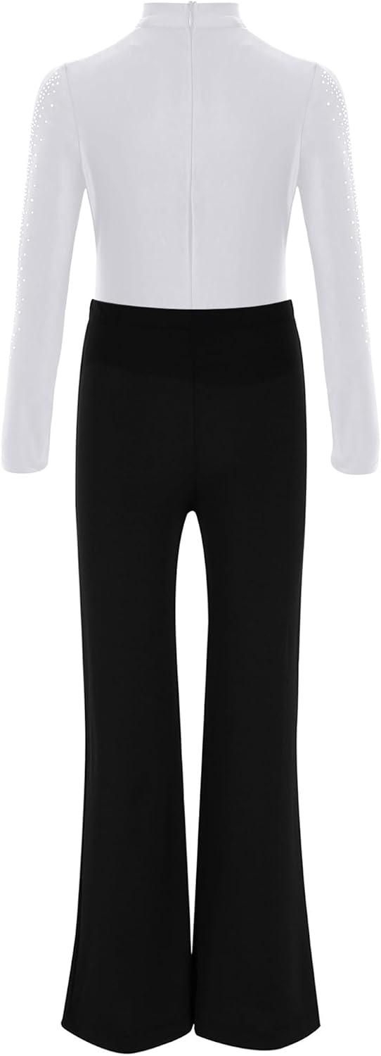 JanJean Latin Dance Leotard for Kids Boys Rhinestones Long Sleeve Crisscross Bodysuit with Pants for Stage Performance