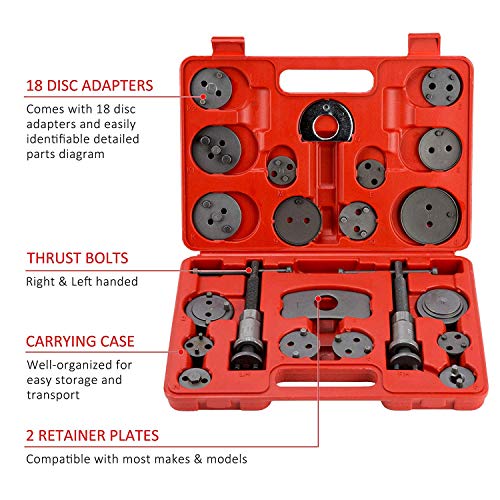 MR CARTOOL 22Pcs Universal Disc Brake Piston Caliper Compressor Tool Set, Brake Piston Caliper Compression Rewind Tool Set for Most American European Japanese Vehicles