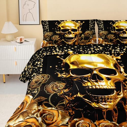 Image of QOOMO Skull Print Kids Bedding Set,Golden Flowers Comforter Set Queen Size for Boys Girls Teen Room Decorat,Soft Lightweight Bed Set All Season,1 Comforter 2 Pillowcases