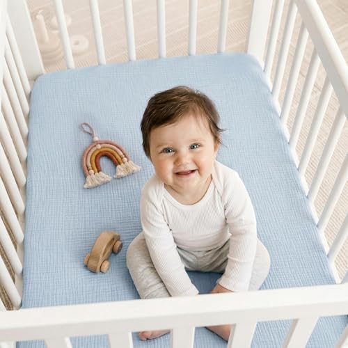 Image of Muslin Mini Crib Sheet (38 inchx24 inch), 100% Cotton Cover, Breathable & Soft Mattress Pad, Boho Blue for Boys(1 Pack)