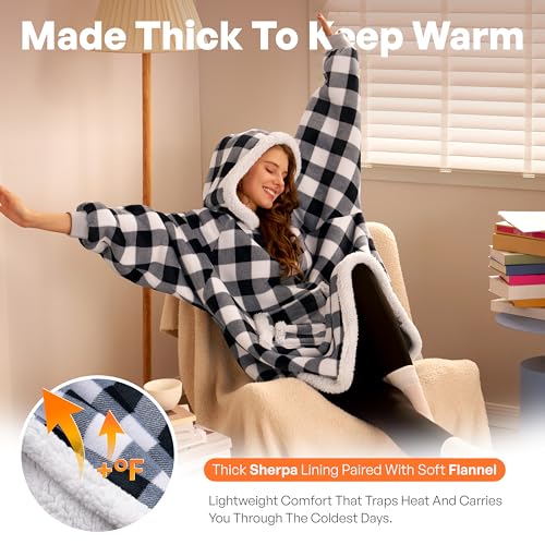 Image of Giggling Getup Wearable Blanket Hoodie for Adults Gifts for Teen Girls Sister Women Sherpa Fleece Printed Hooded Blanket Sweatshirt Warm Cozy with Pocket & Sleeves Black Plaid