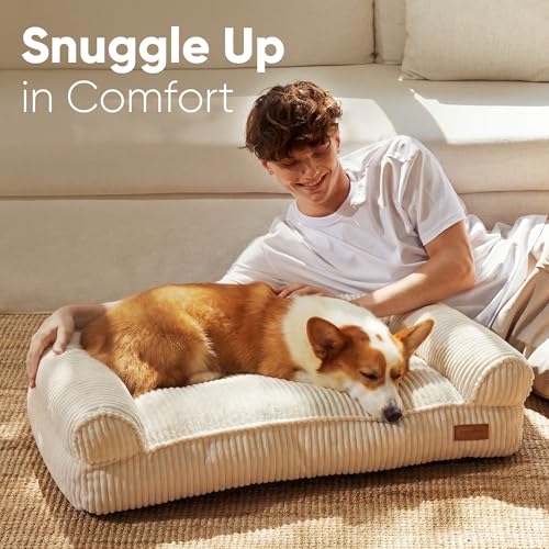 FUKUMARU Cute Dog Bed, Thickened Orthopedic Dogs Couch, 36in Egg Crate Foam Pet Sofa for Medium to Large Dogs, Waterproof Warm Corduroy Pet Bed with Washable Cover, Cream by FUKUMARU - Image 3