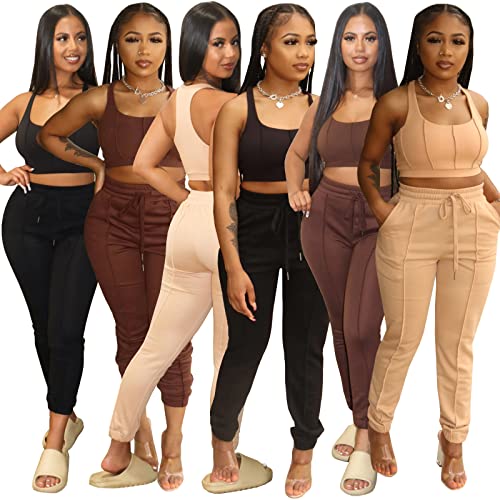 Womens 2 Piece Outfits Sweatsuit Split Sleeveless Tank + Skinny Long Pants Set Summer Casual Tracksuits Apricot #TOP4