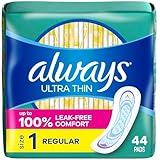 Always Ultra Thin Feminine Pads for Women, Size 1 Regular Absorbency, Without Wings, Unscented, 44 Count