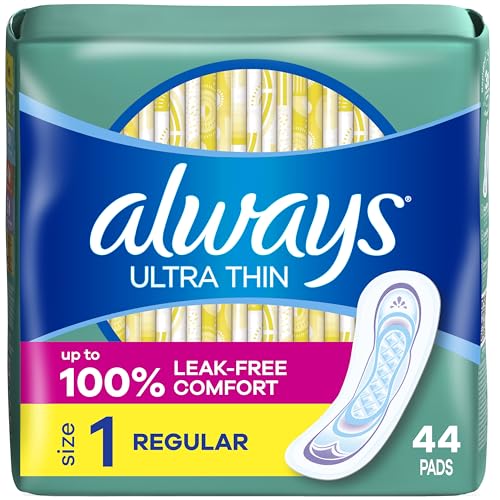 Always Ultra Thin Feminine Pads for Women, Size 1 Regular Absorbency, Without Wings, Unscented, 44 Count