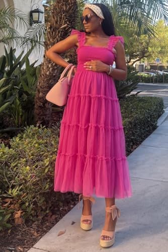 PinkBlush Smocked Mesh Ruffle Accent Maternity Midi Dress
