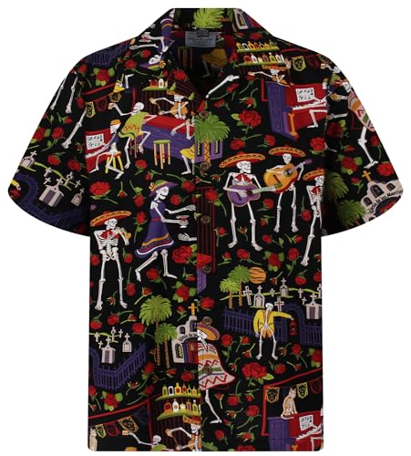 Camisa hawaiana para hombre, casual, con botones, manga corta, unisex, día de los muertos, Halloween, calaveras de azúcar - Negro - Large