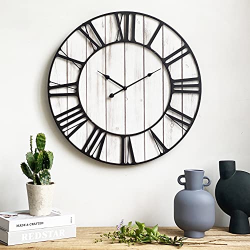 24 Inch Large Farmhouse Wood Shiplap Wall Clock, Rustic Solid Wood Plank With Metal Frame, Non-Ticking Silent Movement Wall Clock For Home,Kitchen,Living Room,Battery Operated (Whitewash) #TOP1