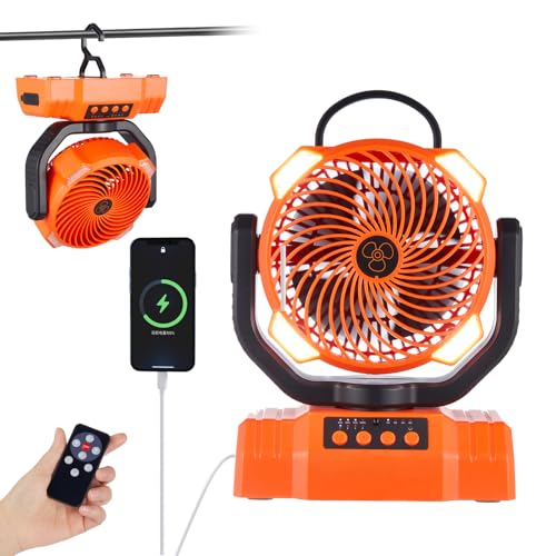 Wiederaufladbarer Ventilator, batteriebetriebener Campingventilator mit Haken und hellem LED-Licht, Fernbedienung, Timer, automatische Oszillation, kabelloser Outdoor-Ventilator für Stromausfall