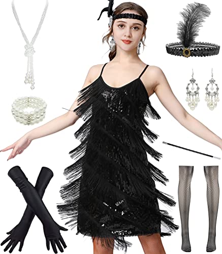 Image of Women 1920s Gatsby Flapper Dress Sexy Open Back Strap Fringed Cocktail Party Dress with 20s Accessories