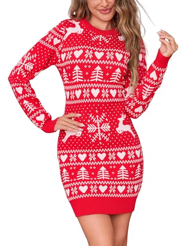Bresdk Weihnachtskleid Weihnachtspullover Damen Strickkleid Weihnachtsoutfit Kleid Weihnachten Strickpullover für Damen Winter Elegant Minikleid mit...