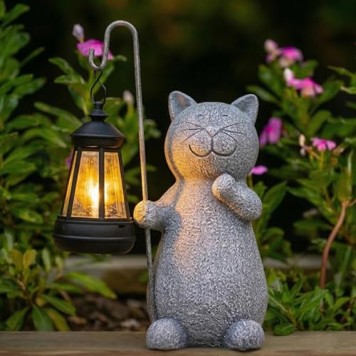 Qeeman Solar Cat for Garden Decor: Weatherproof Resin Statues