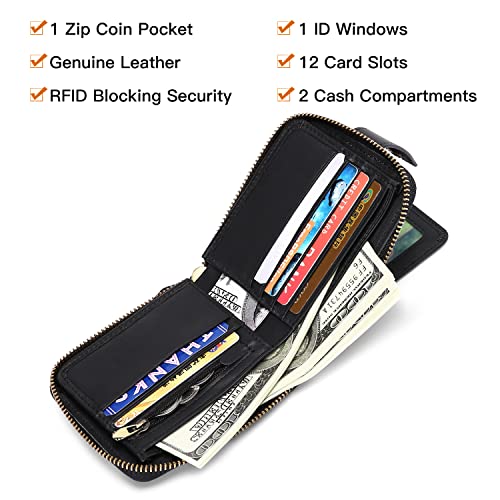 Goiacii Men Wallet Genuine Leather Rfid Blocking Bi-Fold Wallet For Men With Id Window Zip Coin Pocket #TOP4