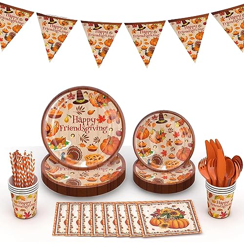 Friendsgiving Party Decorations,Friendsgiving Decorations Plates and Cups Napkins, Thanksgiving Party Decorations, Happy Friendsgiving Party Banner Decorations (happy friendsgiving Plates Cups)