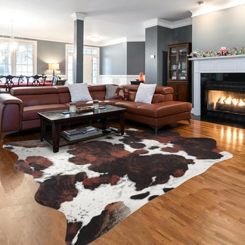Guyi Rare Alfombra grande de cuero vacuno de 10 x 8 pies, alfombra rústica y elegante occidental para dormitorio, sala de estar, comedor, alfombras marrones con estampado de vaca, alfombras