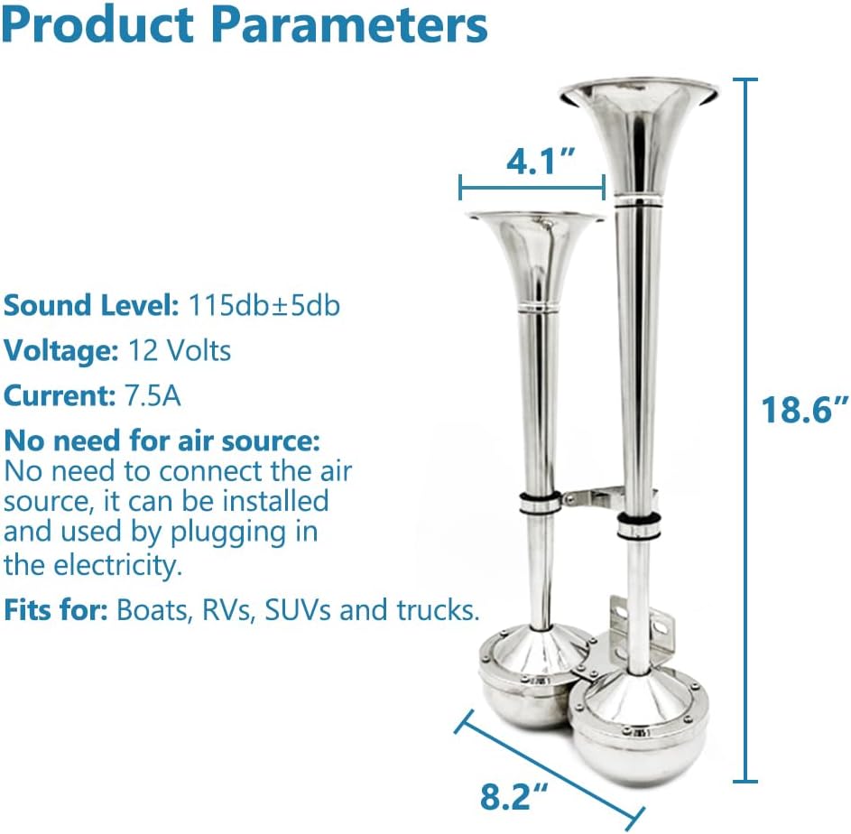 Boat Electric Dual Trumpet, 12 Volt Marine Stainless Steel Horn, Universal for RV Truck SUV Pick-Up