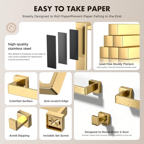 Image of 10-Pieces Gold Bathroom Accessories Set, 24 Inch Towel Bar Set | Stainless Steel, Towel Ring, Toilet Paper Holder, Robe Hooks, Towel Racks for Bathroom Wall Mounted, Bathroom Hardware Set