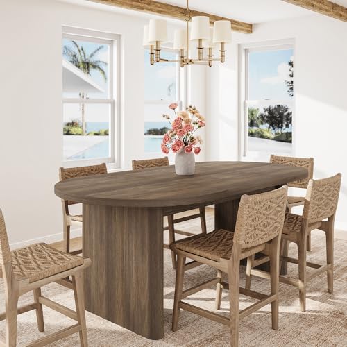 Image of GarveeHome Oval Dining Table for 6-8 People, Long Large Kitchen Table with Thick Sturdy Wooden Base, Farmhouse Dining Room Table for for Kitchen, Living Room, Office (70.87 inch Long,Brown)