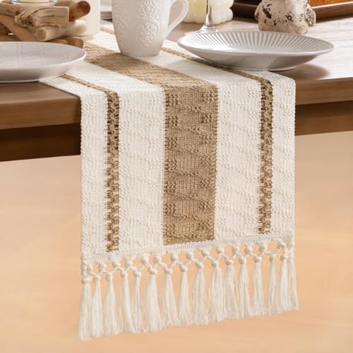 MLMW Rustic Table Runner 72 inches Long Boho Cotton Burlap Coffee Table Decor Farmhouse Macrame Jute Dining Centerpiece for Living Room Bedroom Home Decor - Image 3