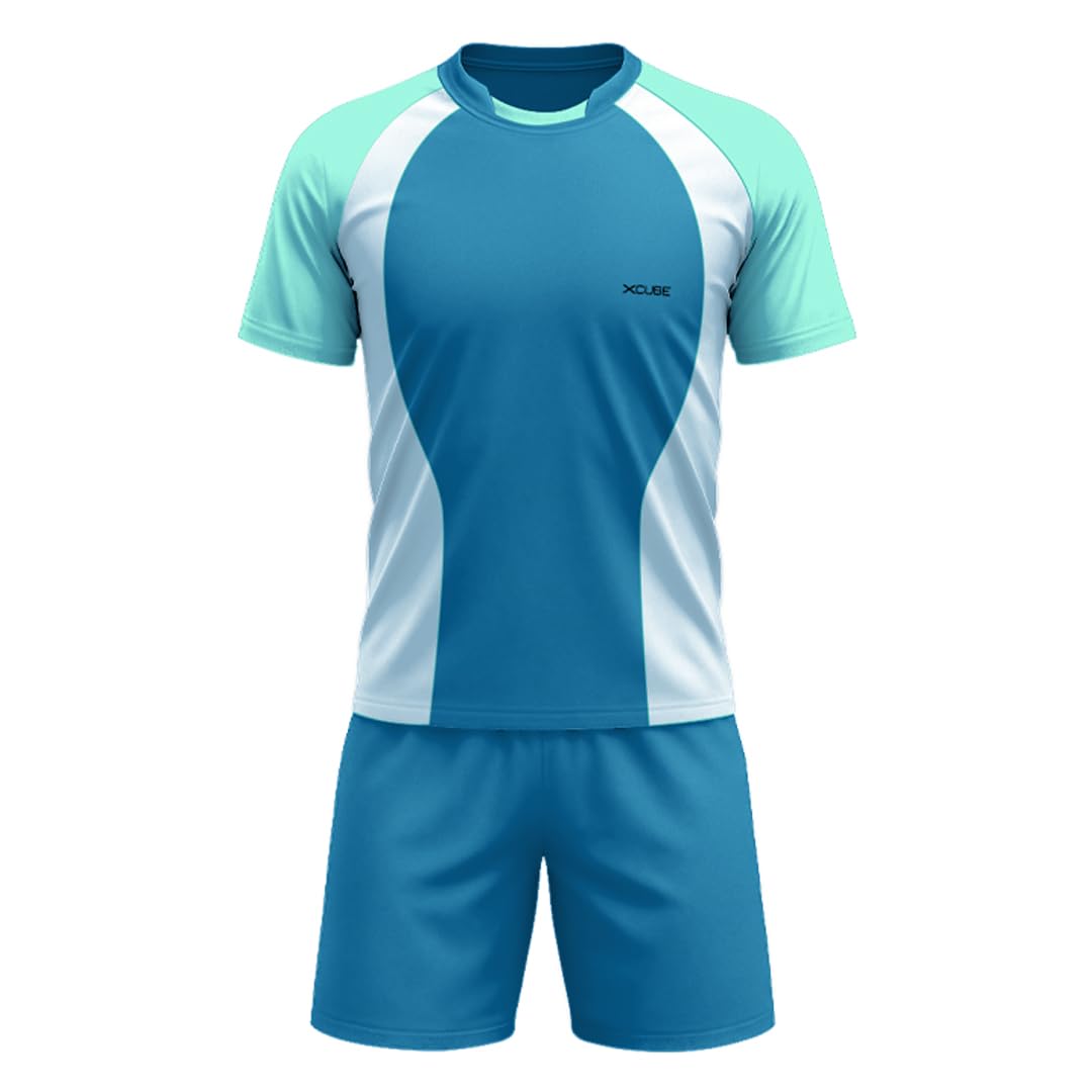 Raglan Sports Set, Blue and Mint Green Colorblock Athletic Wear, Short Sleeve T-Shirt and Shorts Combo (IN, Alpha, XL, Regular)-image-42
