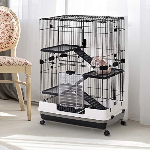Pawhut 43" H Small Animal Cage, 4-Level Bunny Cage With Rolling Stand, Chinchilla Cage With Doors, Slide-Out Tray, Black #TOP1