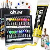 Colorful Stain Glass Paint Set with 6 Brushes, 1 Palette, 24 Color Waterproof Acrylic Enamel Painting Kit for Kids to Arts on Transparent Wine Glasses, Light Bulbs, Windows and Ceramics