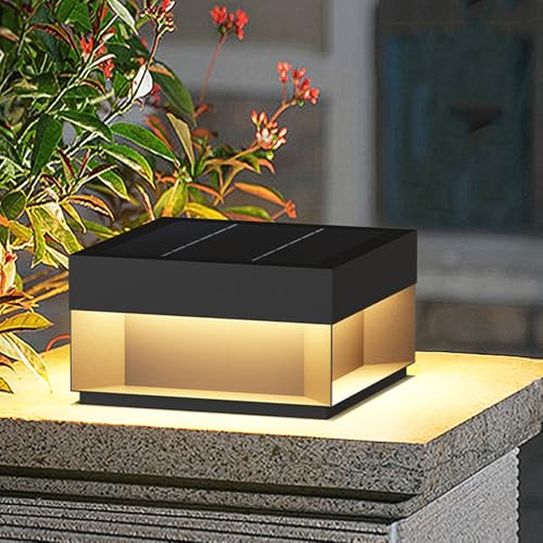 Modern Solar Column Caps Light - Waterproof Black Square Outdoor Post Lantern - Landscape Lighting Fixture for Garden Patio Pathway - Solar-Powered Pedestal Lamp