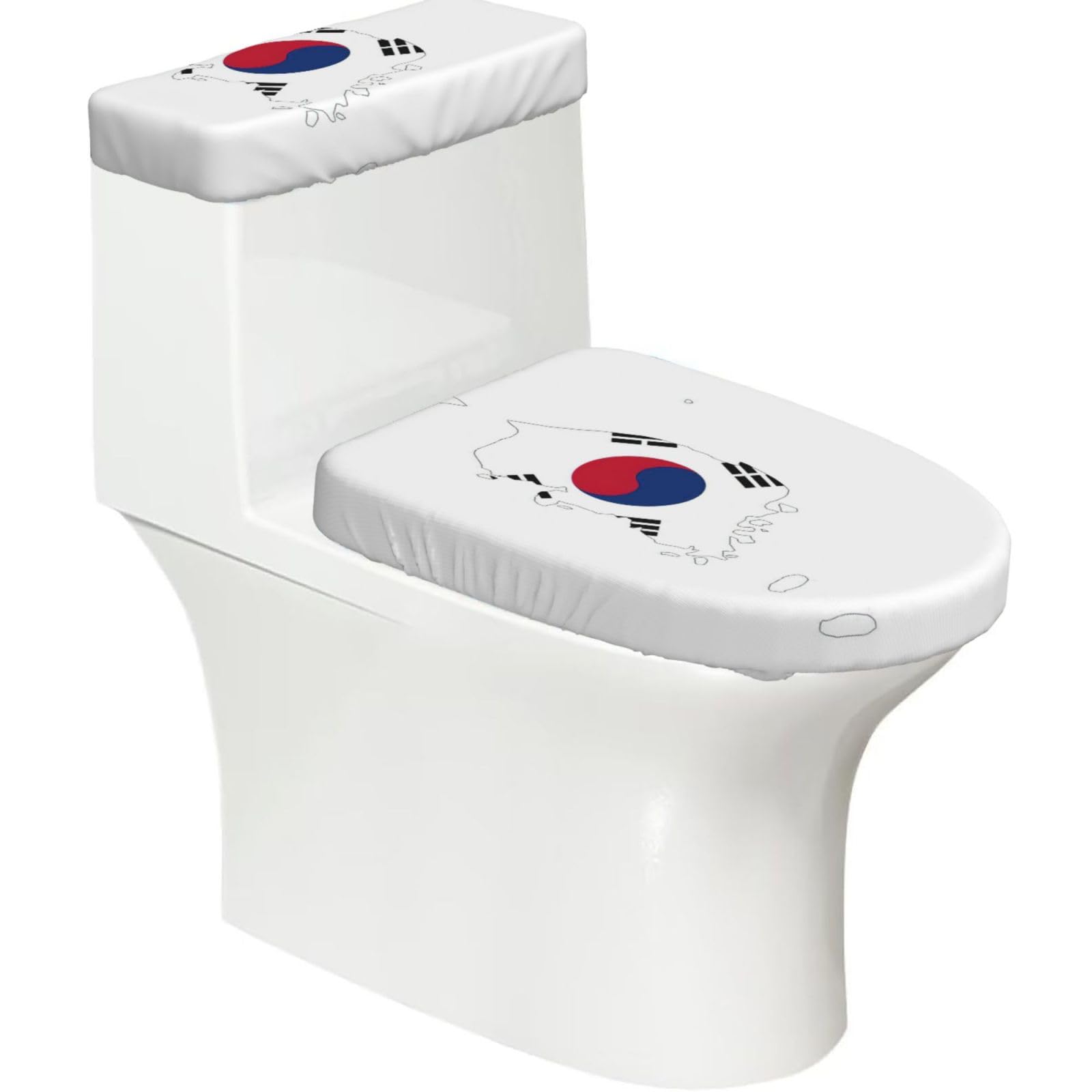 Republic Of Korea Flag Map Print Toilet Lid Cover And Tank Lid Cover For Bathroom With Elastic Bottom, Bathroom Decoration