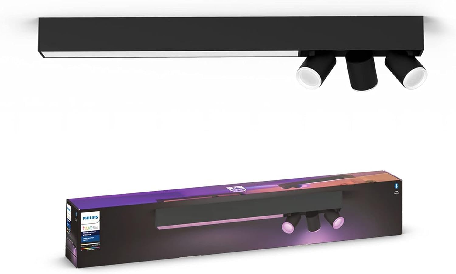 Philips Hue Centris White and Colour Ambiance Smart Ceiling Bar Light, 3X SpotLights [GU10 Spot] with Bluetooth, Black. Works with Alexa, Google Assistant and Apple HomeKit. [Energy Class G]