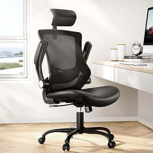 Marsail Office Chair Ergonomic Desk-Chair: Mesh Back Computer Chair with PU Leather Seat,Adjustable Lumbar Support&Flip-up Armrests, Adjustable Height Home Office Desk Chairs