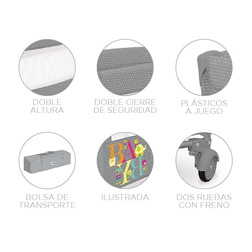 Miniatura 5 de Asalvo Cuna De Viaje 120x60 Smooth Para Bebé Y Niños De 0 A 15kg 2 En 1, Cuna Y Parque, Plegable En 30 Segundos Con Altura Ajustable, Gris Baby