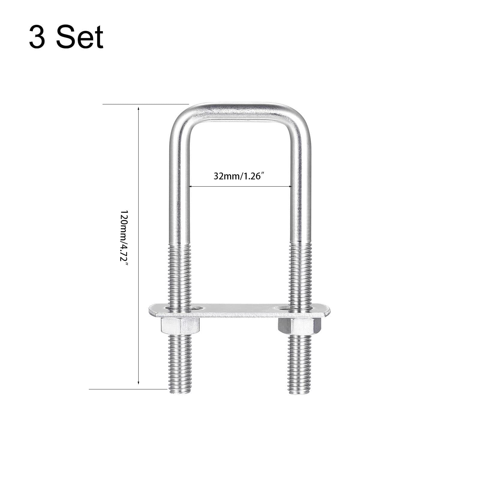 TA-VIGOR 3 sets M8 Square U-Bolts, 32mm Inner Width 100mm Length 304 Stainless Steel U-Bolts with Nut - Image 3