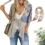 Women's Floral Kimono Ruffle Sleeve Tie Cardigans Flowy Boho Loose Cover Ups Short Beach Tops (Blue2, 2XL)