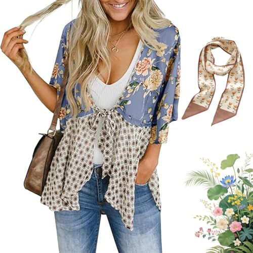 Women's Floral Kimono Ruffle Sleeve Tie Cardigans Flowy Boho Loose Cover Ups Short Beach Tops (Blue2, 2XL)